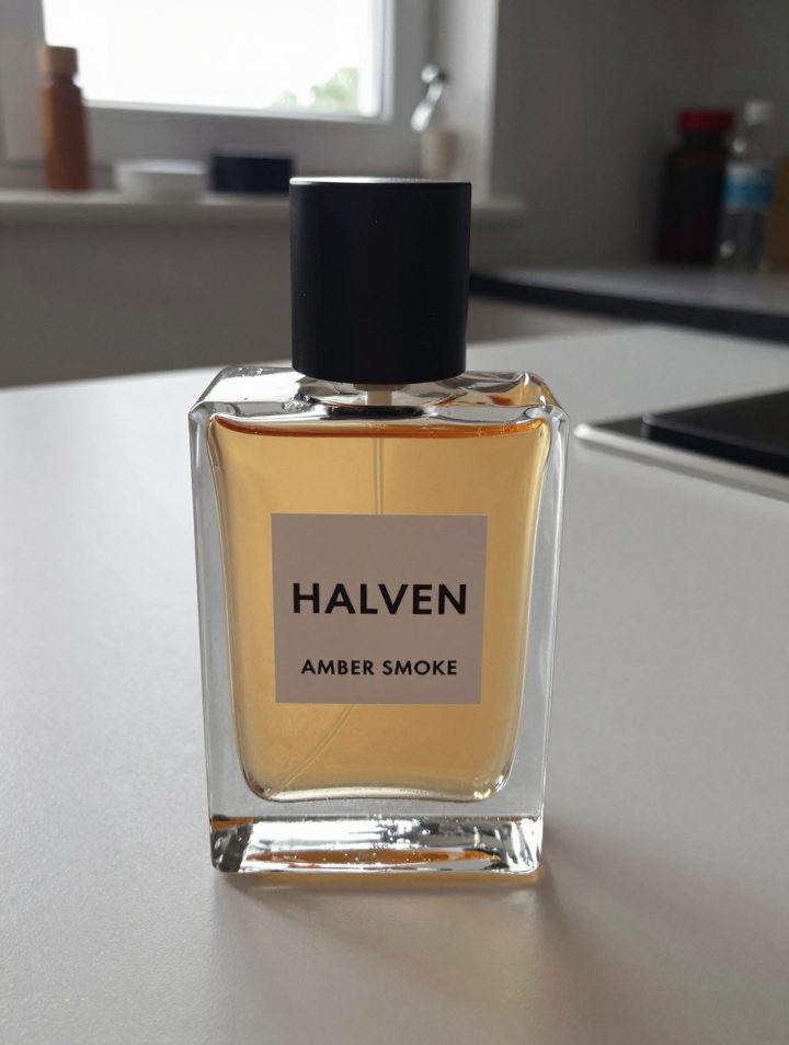 The single input photo: a perfume bottle on a white kitchen counter